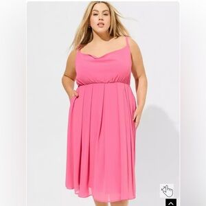 Torrid Pink Chiffon Cowl Neck Pleated Midi Dress